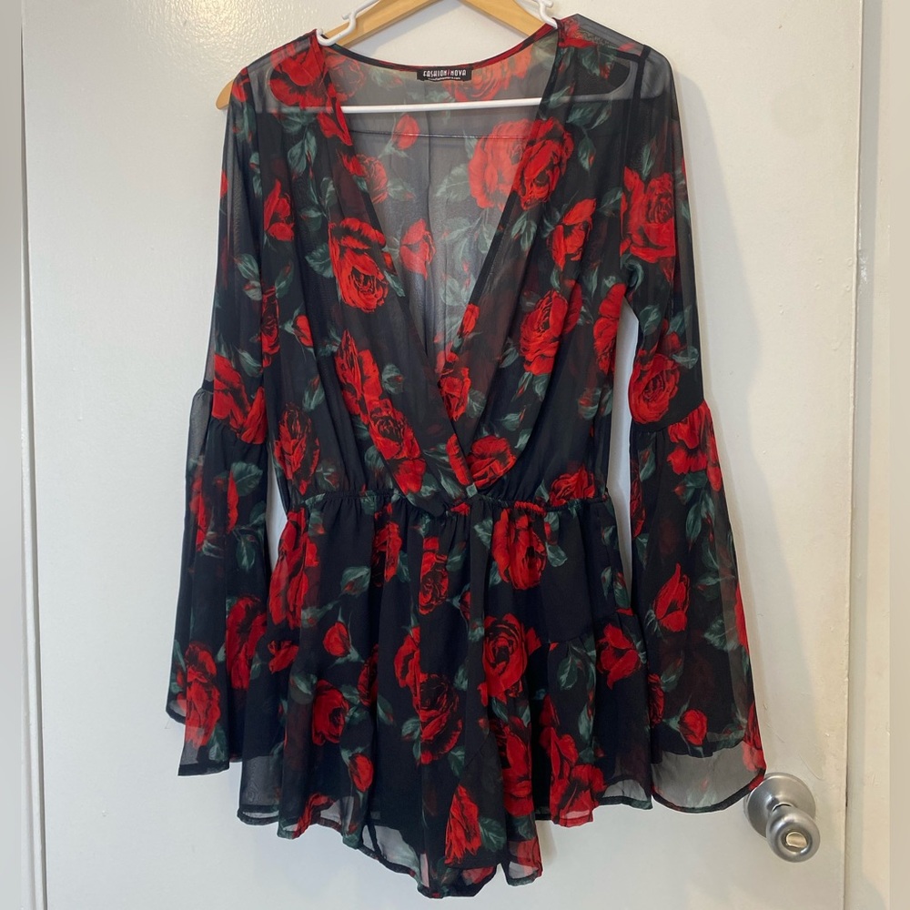 Sheer Black and Red Floral Romper